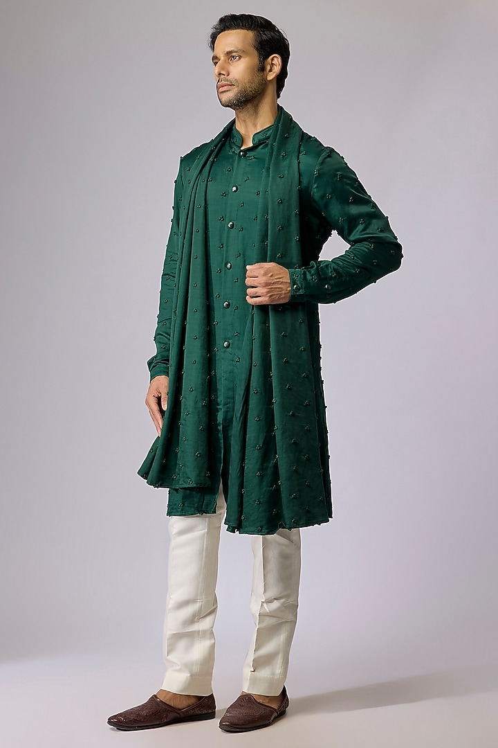 Emerald Green Blended Silk Kurta With Dupatta by Kunal Rawal