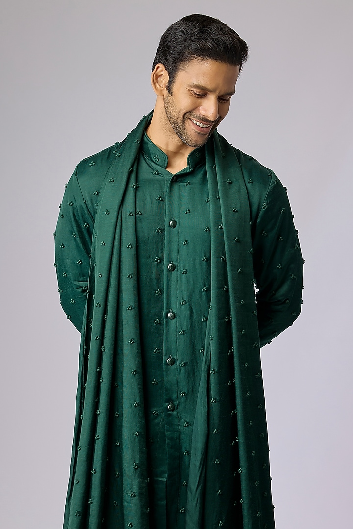 Emerald Green Blended Silk Kurta With Dupatta by Kunal Rawal at Pernia's Pop Up Shop