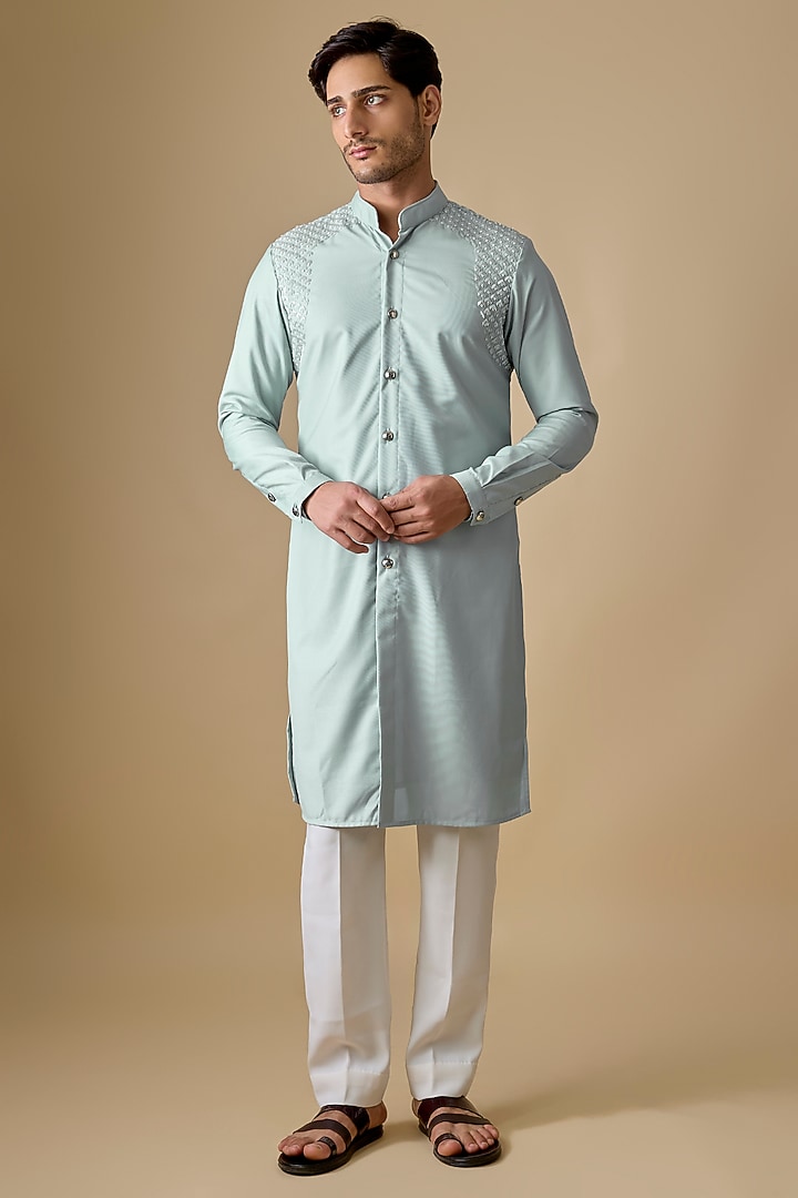 Ice-Blue Blended Silk Kurta by Kunal Rawal