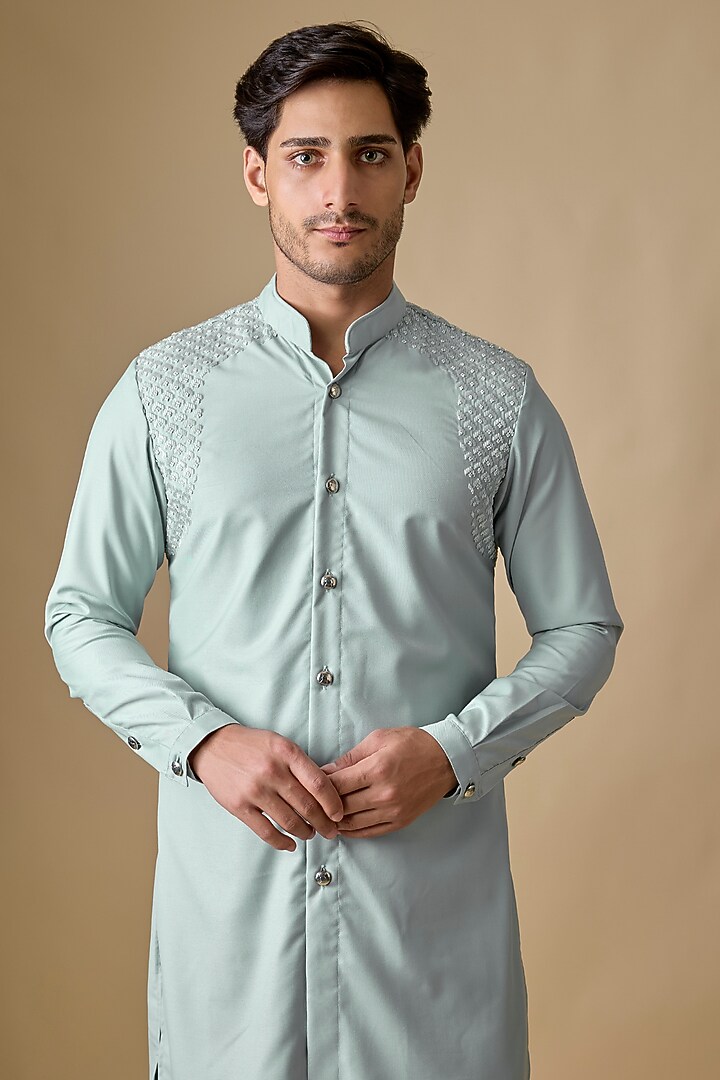 Ice-Blue Blended Silk Kurta by Kunal Rawal at Pernia's Pop Up Shop