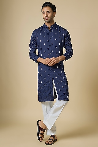 Cobalt Blue Suiting Kurta by Kunal Rawal