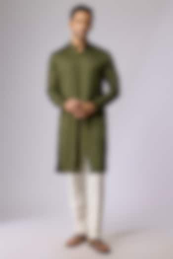 Olive Blended Silk Kurta by Kunal Rawal
