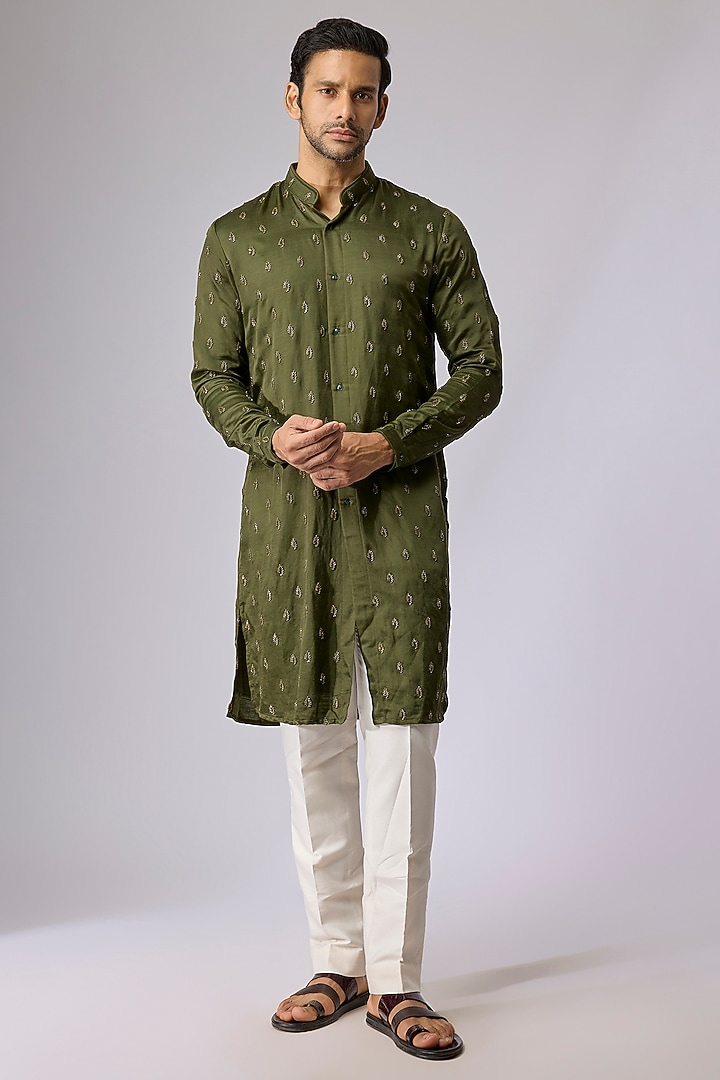 Olive Blended Silk Kurta by Kunal Rawal