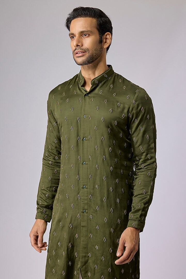 Olive Blended Silk Kurta by Kunal Rawal at Pernia's Pop Up Shop