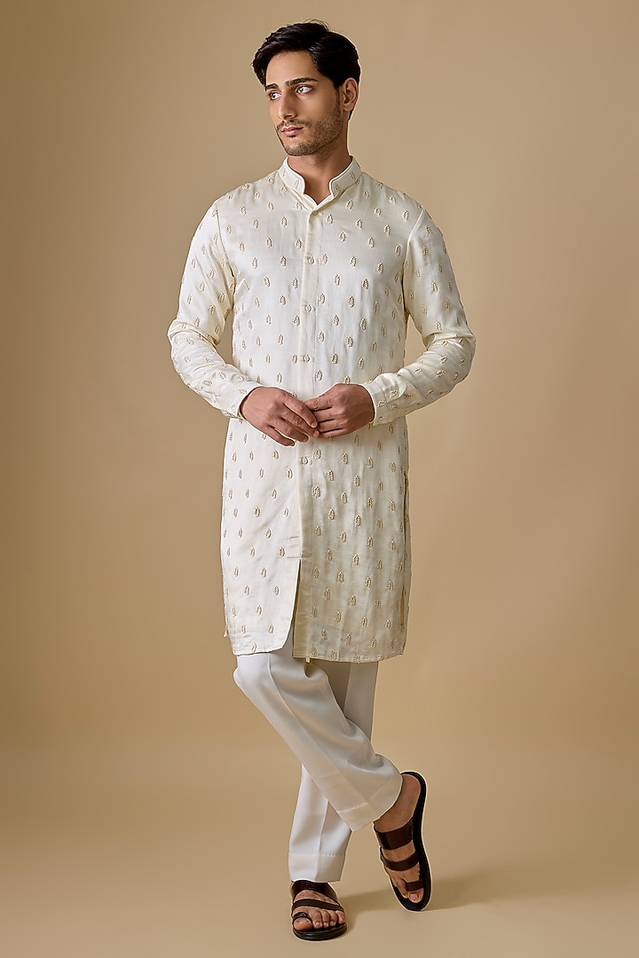 Vanilla-Colored Blended Silk Kurta by Kunal Rawal