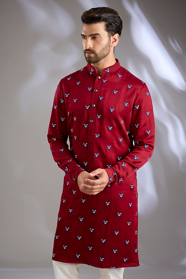 Bright Red Linen Satin Threadwork Kurta by Kunal Rawal at Pernia's Pop Up Shop