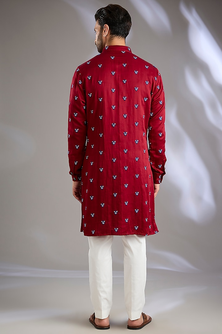 Bright Red Linen Satin Threadwork Kurta by Kunal Rawal at Pernia's Pop Up Shop