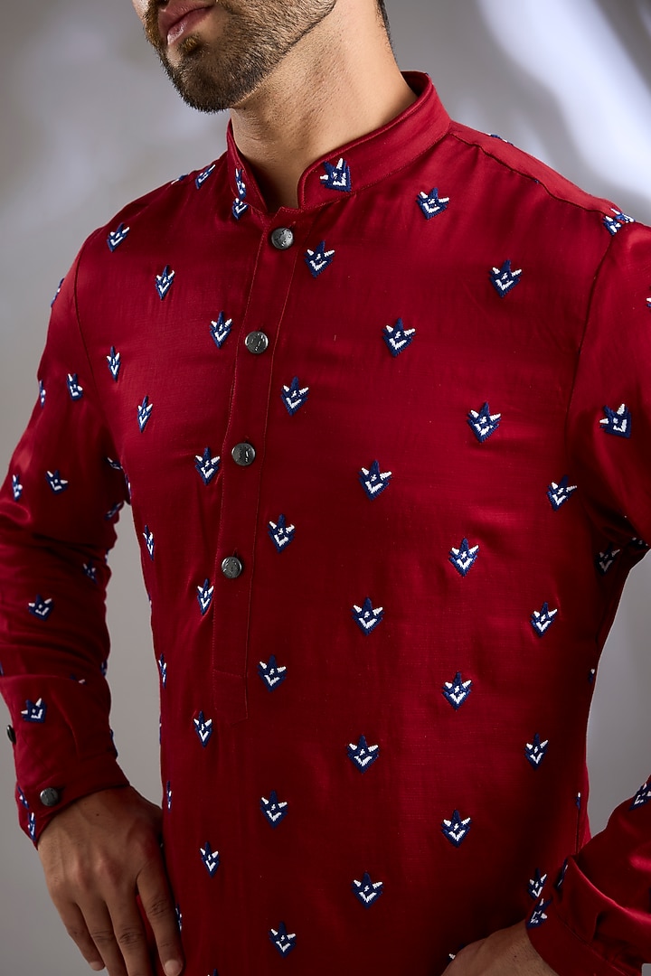 Bright Red Linen Satin Threadwork Kurta by Kunal Rawal at Pernia's Pop Up Shop