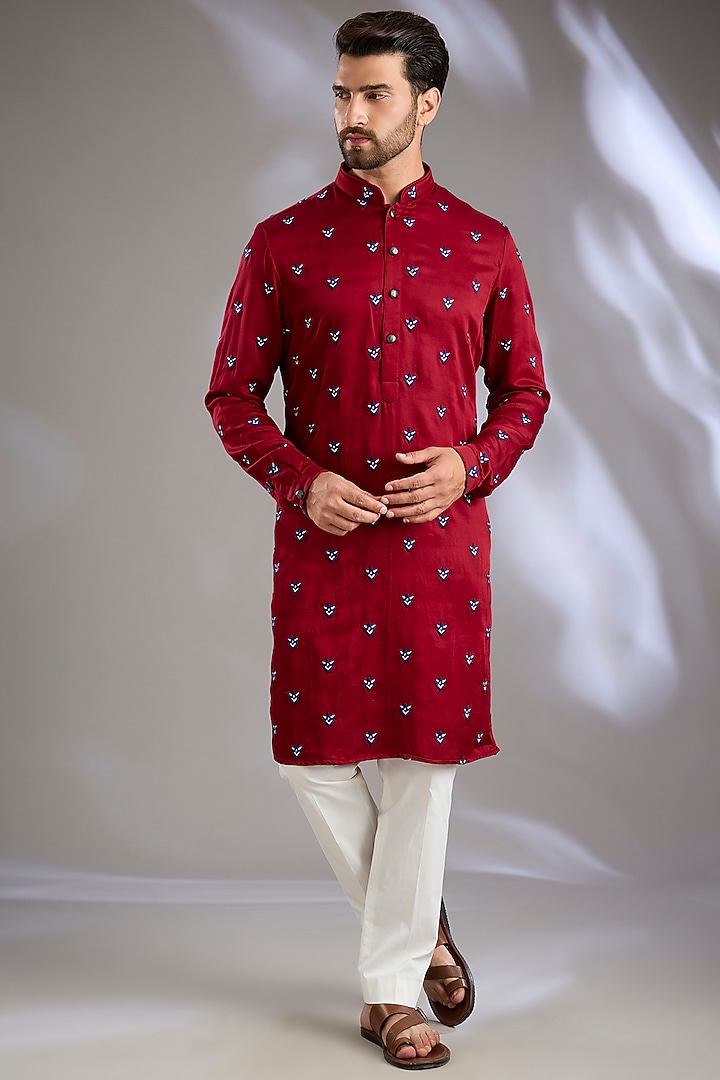 Bright Red Linen Satin Threadwork Kurta by Kunal Rawal at Pernia's Pop Up Shop