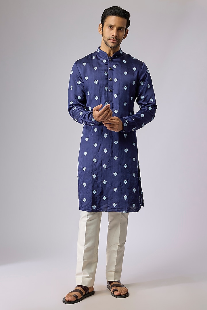 Cobalt Blended Silk Kurta by Kunal Rawal