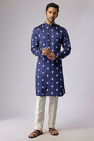Cobalt Blended Silk Kurta by Kunal Rawal
