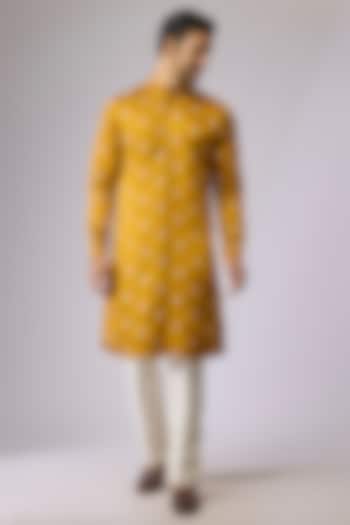 Mustard Blended Silk Kurta by Kunal Rawal