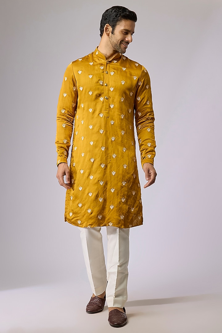 Mustard Blended Silk Kurta by Kunal Rawal