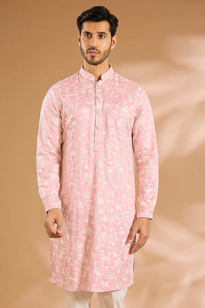 Blush Pink Viscose Kashmiri Threadwork Kurta by Kunal Rawal at Pernia's Pop Up Shop