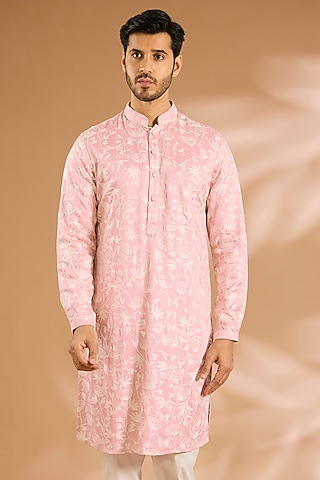 Blush Pink Viscose Kashmiri Threadwork Kurta by Kunal Rawal