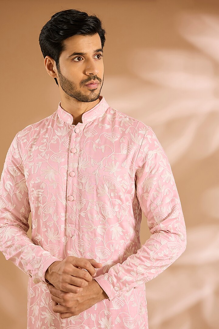 Blush Pink Viscose Kashmiri Threadwork Kurta by Kunal Rawal at Pernia's Pop Up Shop