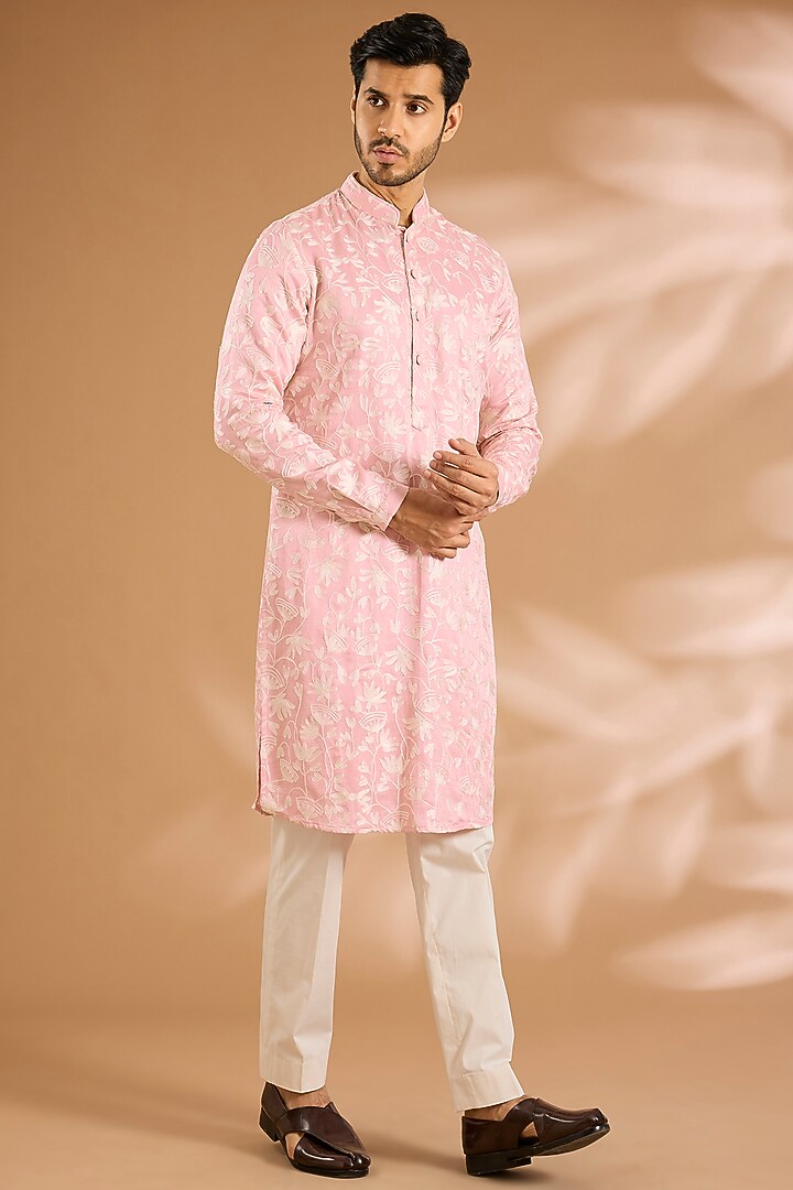 Blush Pink Viscose Kashmiri Threadwork Kurta by Kunal Rawal at Pernia's Pop Up Shop
