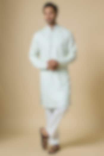 Ice Blue Linen Satin Embroidered Kurta by Kunal Rawal at Pernia's Pop Up Shop