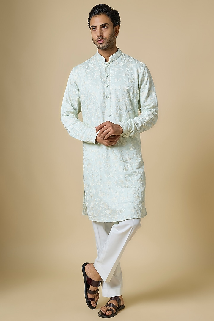 Ice Blue Linen Satin Embroidered Kurta by Kunal Rawal at Pernia's Pop Up Shop