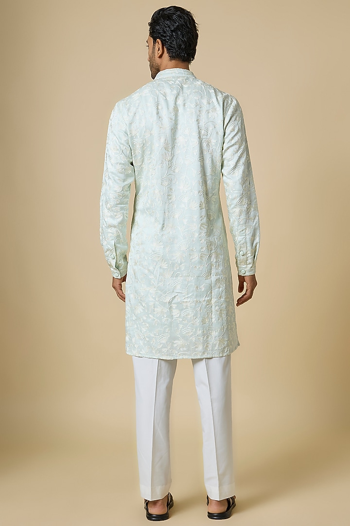 Ice Blue Linen Satin Embroidered Kurta by Kunal Rawal at Pernia's Pop Up Shop