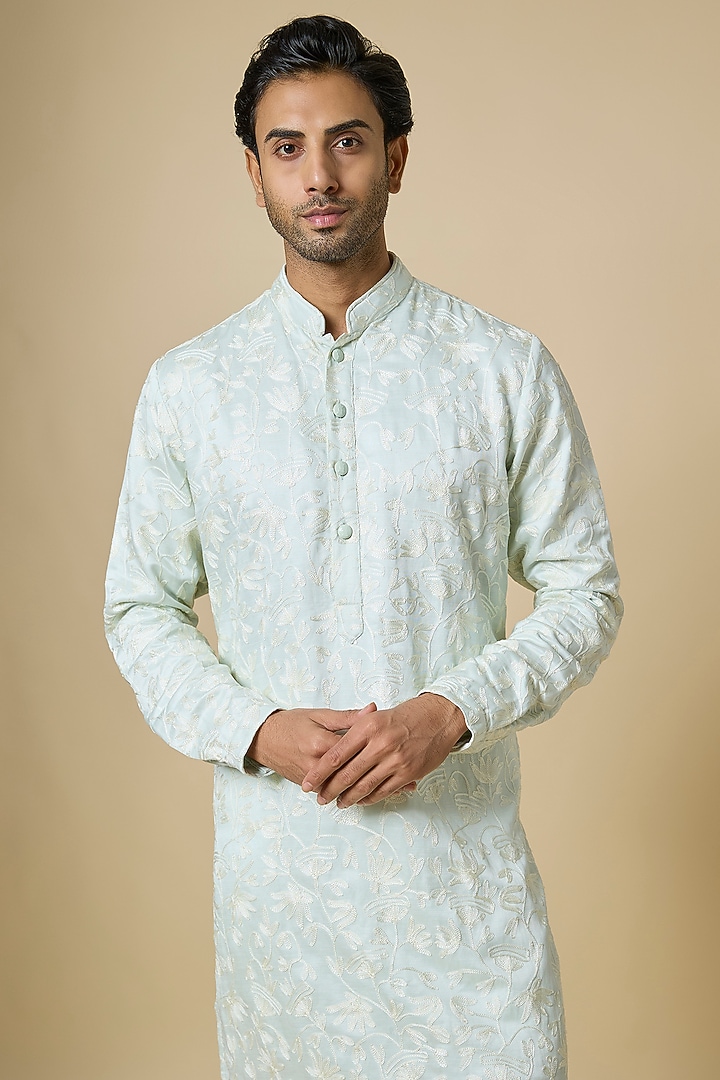 Ice Blue Linen Satin Embroidered Kurta by Kunal Rawal at Pernia's Pop Up Shop