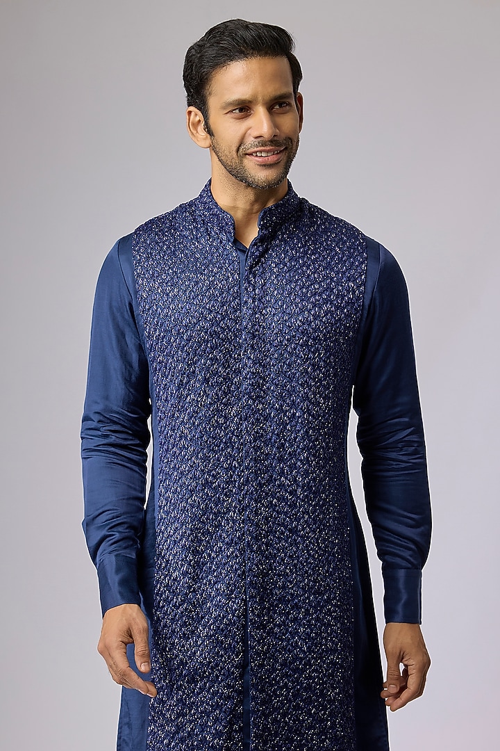Cobalt Blended Silk Kurta by Kunal Rawal at Pernia's Pop Up Shop