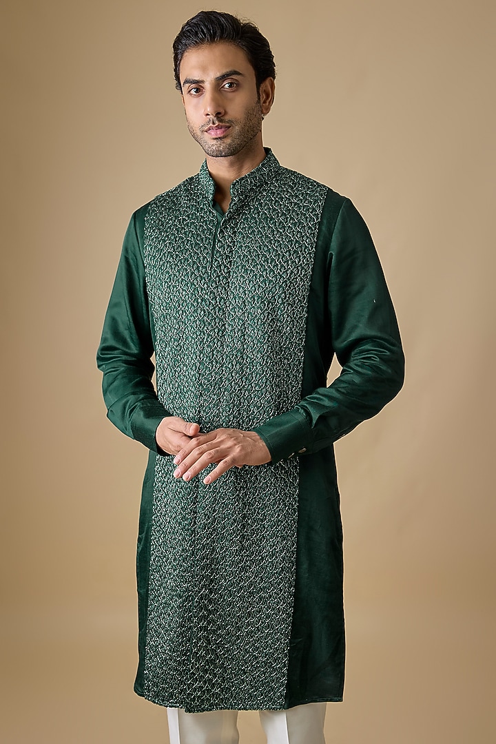 Emerald Green Blended Silk Kurta by Kunal Rawal
