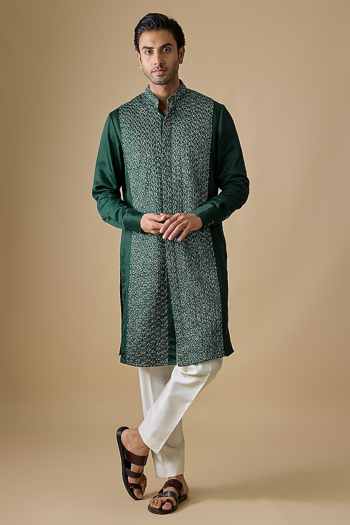 Emerald Green Blended Silk Kurta by Kunal Rawal at Pernia's Pop Up Shop