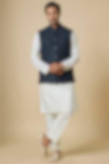 Navy Blue Suiting Cutdana Work Bundi Jacket by Kunal Rawal at Pernia's Pop Up Shop