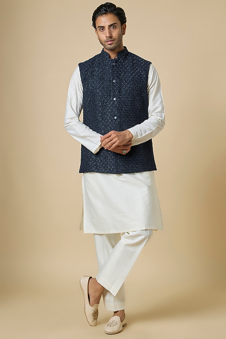 Navy Blue Suiting Cutdana Work Bundi Jacket by Kunal Rawal at Pernia's Pop Up Shop