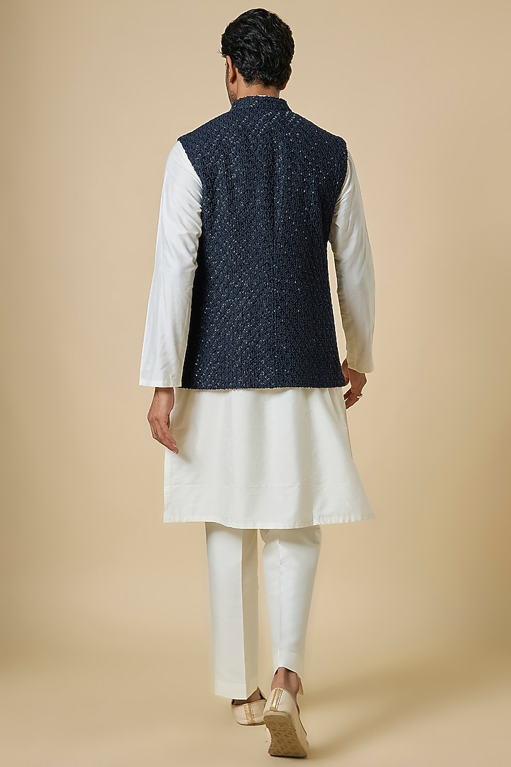 Navy Blue Suiting Cutdana Work Bundi Jacket by Kunal Rawal at Pernia's Pop Up Shop