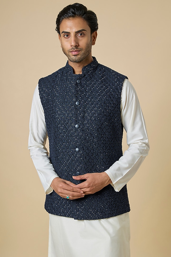 Navy Blue Suiting Cutdana Work Bundi Jacket by Kunal Rawal at Pernia's Pop Up Shop