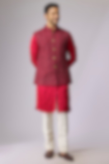 Maroon Blended Silk Bundi Jacket by Kunal Rawal