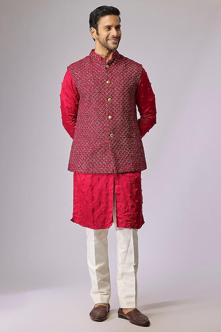 Maroon Blended Silk Bundi Jacket by Kunal Rawal