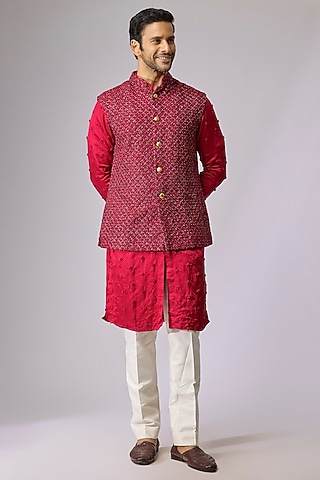Maroon Blended Silk Bundi Jacket by Kunal Rawal
