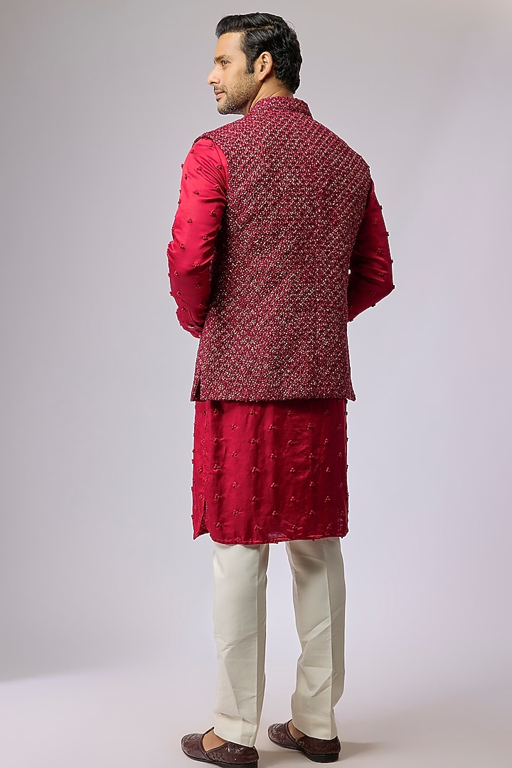 Maroon Blended Silk Bundi Jacket by Kunal Rawal at Pernia's Pop Up Shop