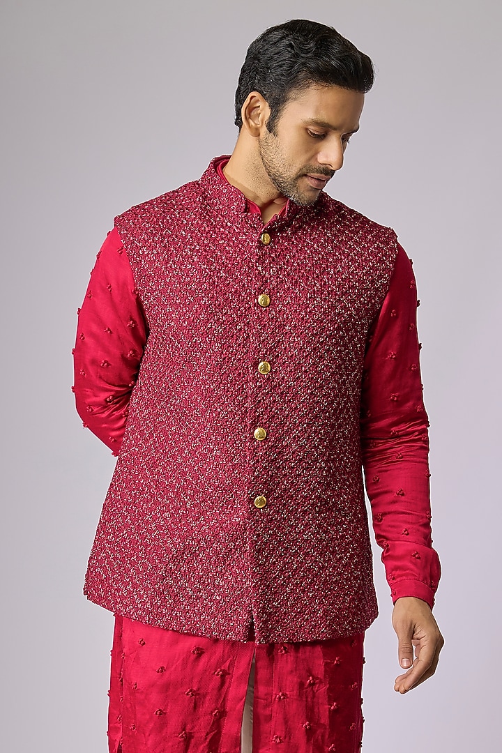 Maroon Blended Silk Bundi Jacket by Kunal Rawal at Pernia's Pop Up Shop