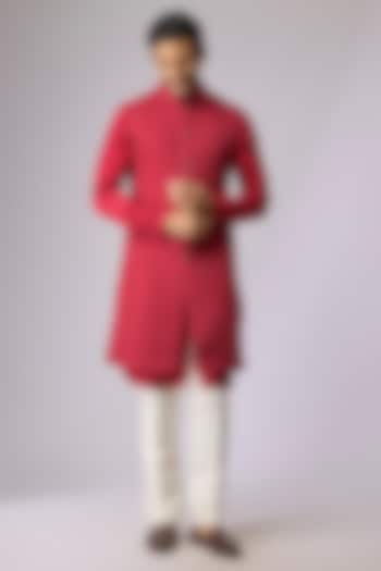 Bright Red Blended Silk Kurta by Kunal Rawal