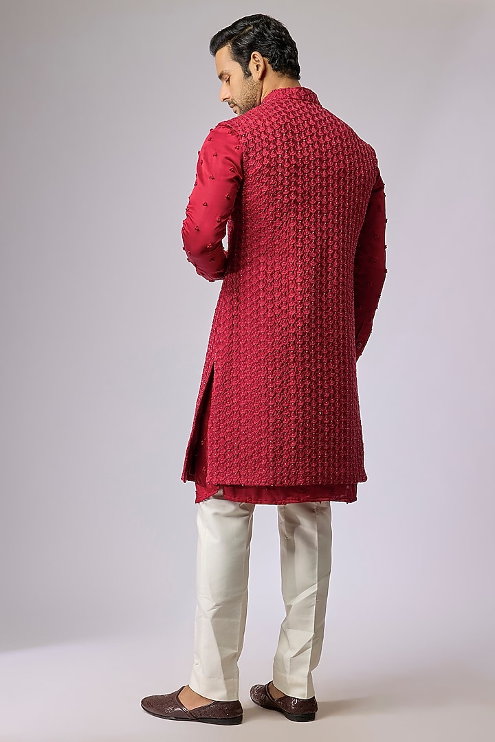 Bright Red Blended Silk Kurta by Kunal Rawal at Pernia's Pop Up Shop