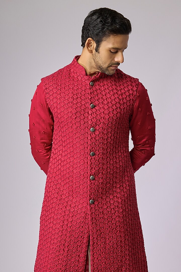 Bright Red Blended Silk Kurta by Kunal Rawal at Pernia's Pop Up Shop