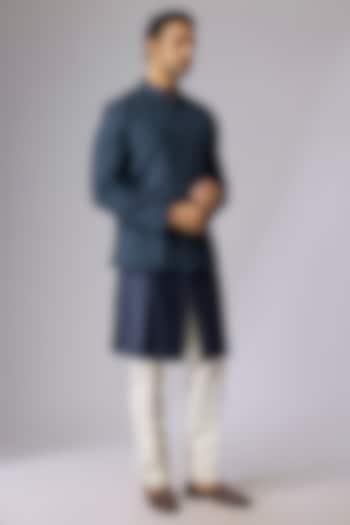 Navy Blue Blended Silk Bundi Jacket Set by Kunal Rawal