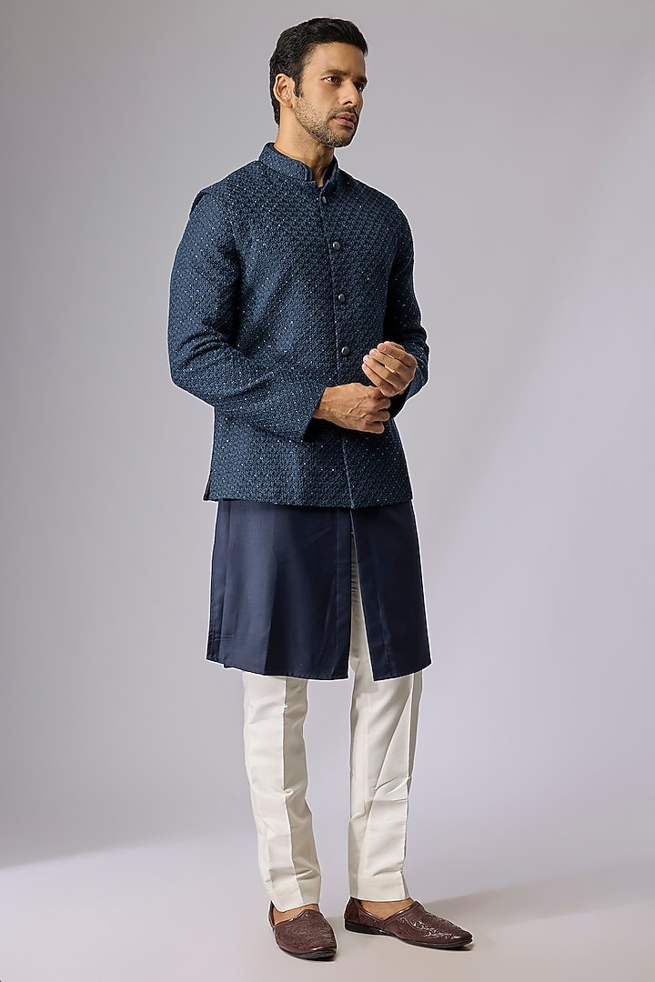 Navy Blue Blended Silk Bundi Jacket Set by Kunal Rawal