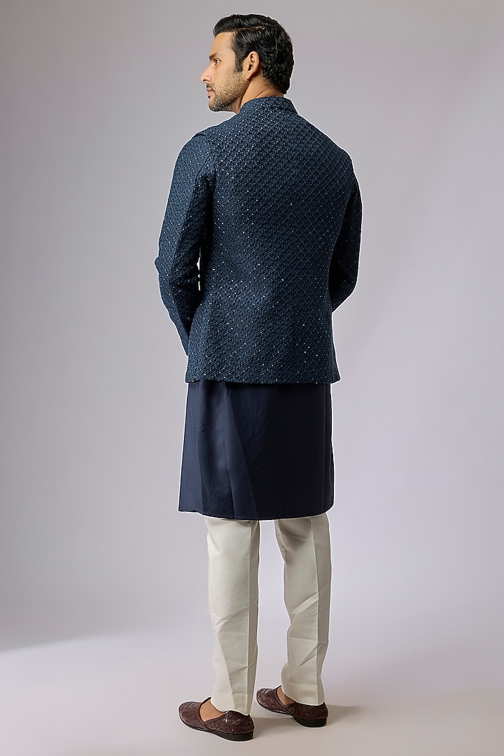 Navy Blue Blended Silk Bundi Jacket Set by Kunal Rawal at Pernia's Pop Up Shop