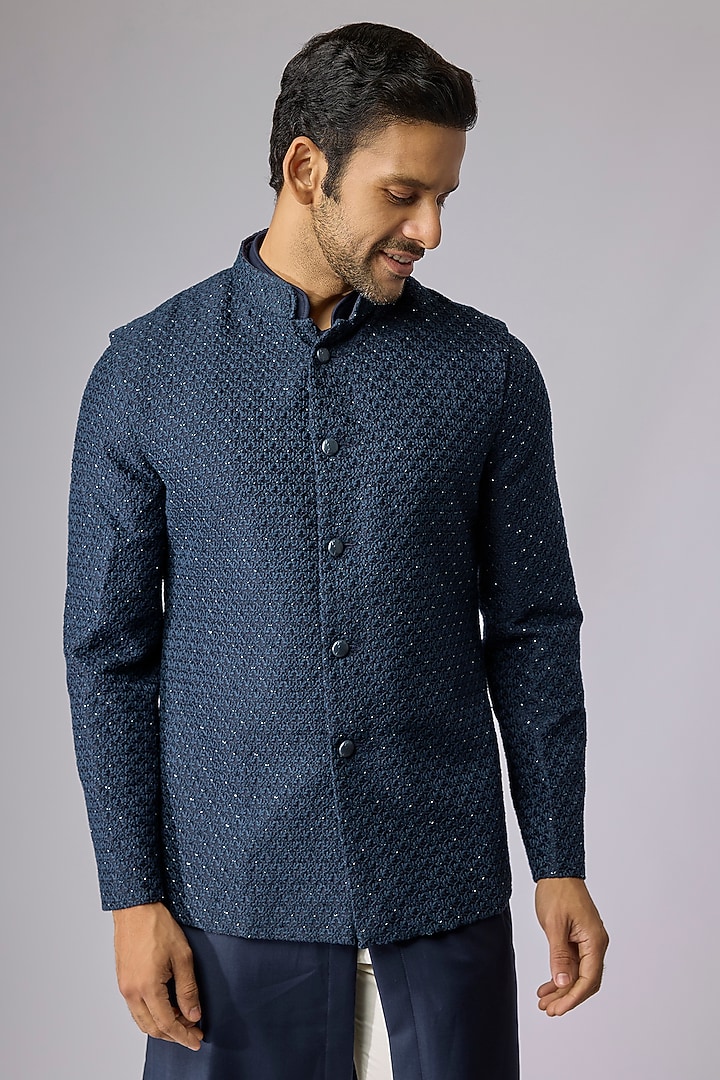 Navy Blue Blended Silk Bundi Jacket Set by Kunal Rawal at Pernia's Pop Up Shop