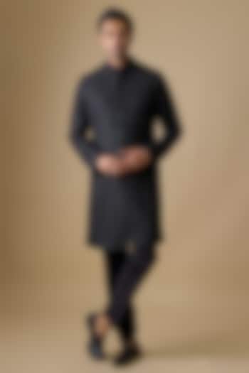 Black Blended Silk Indowestern Set by Kunal Rawal