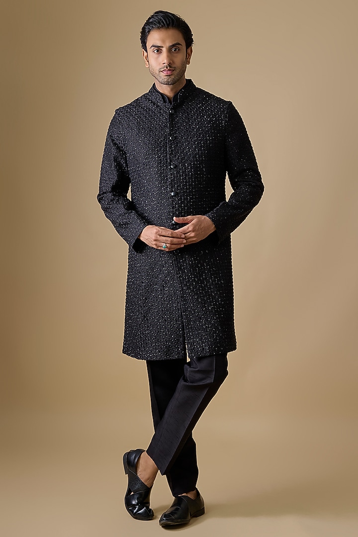 Black Blended Silk Indowestern Set by Kunal Rawal