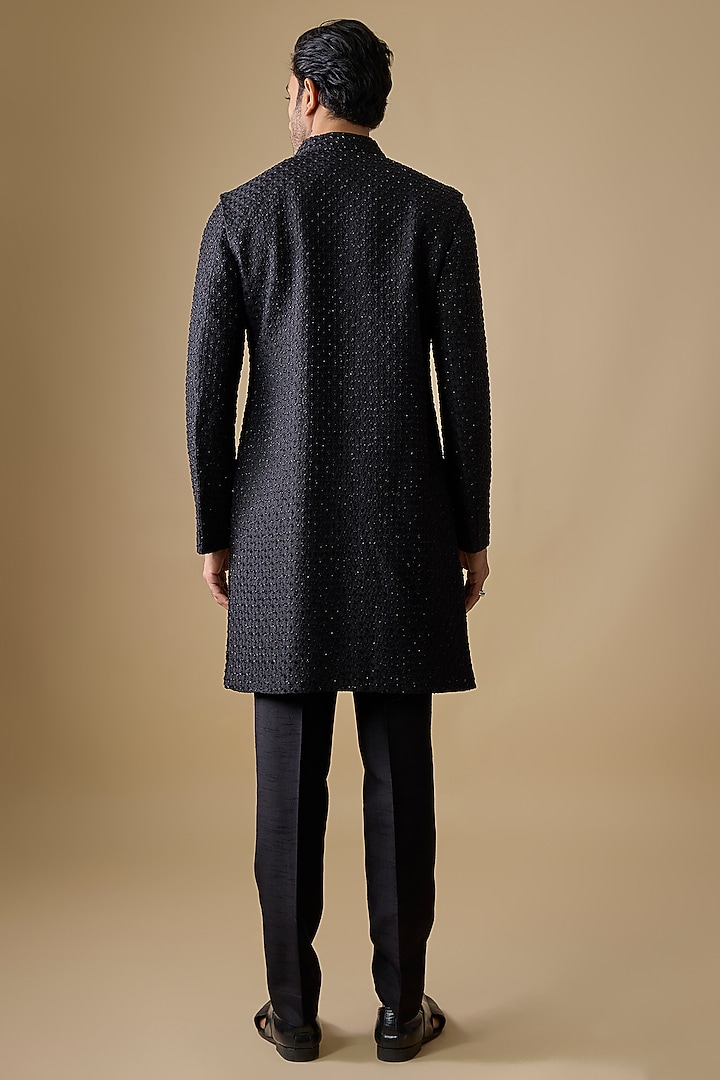Black Blended Silk Groom Indowestern Set by Kunal Rawal at Pernia's Pop Up Shop