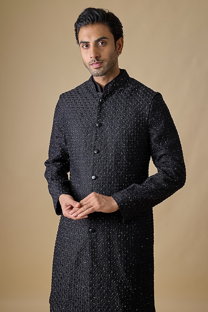 Black Blended Silk Groom Indowestern Set by Kunal Rawal at Pernia's Pop Up Shop