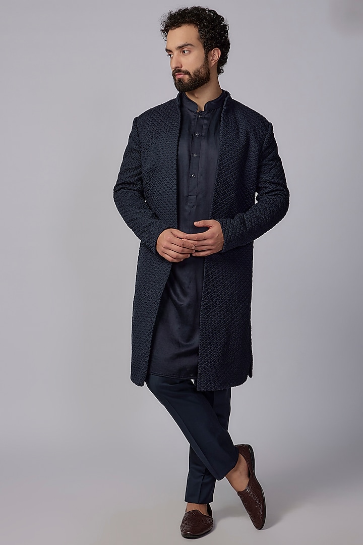 Navy Blue Suiting Embroidered Indo-Western Set by Kunal Rawal