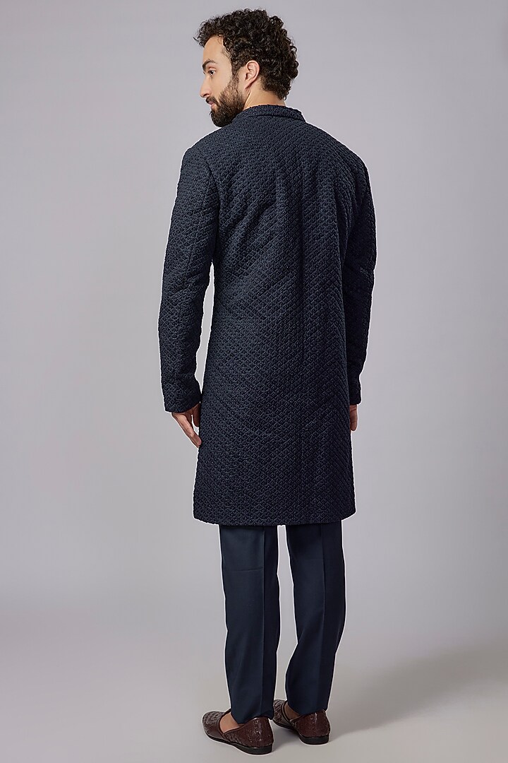 Navy Blue Suiting Embroidered Indo-Western Set by Kunal Rawal at Pernia's Pop Up Shop